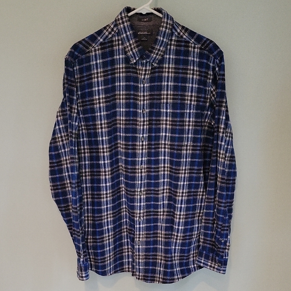 Eddie Bauer Blue and White Casual Button Down Flannel Plaid Shirt Tall Large